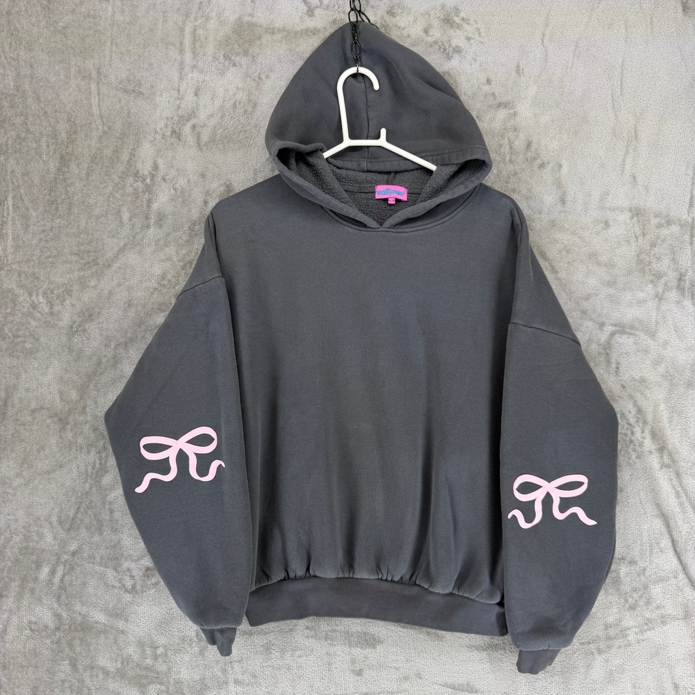 Edikted Oversized Hoodie XL Charcoal Gray Pink Bow Sleeve Fleece Sweatshirt